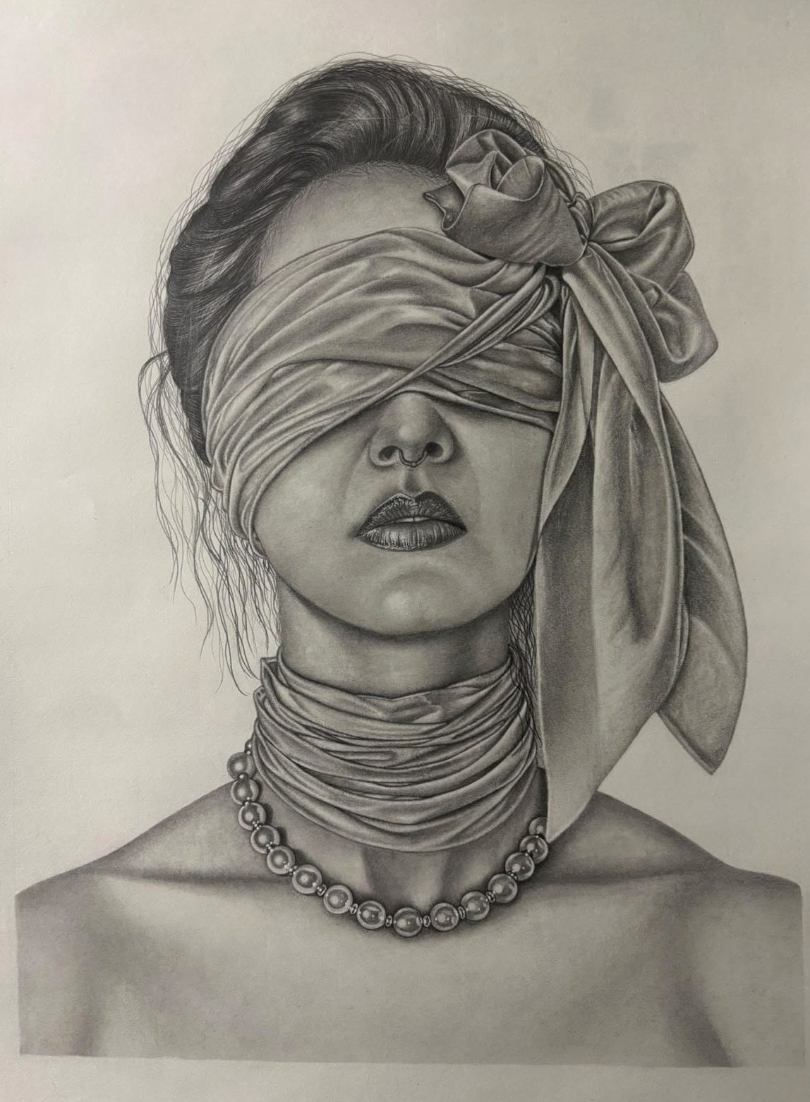 Wrapped in Obedience, graphite on paper by Suman Kumari